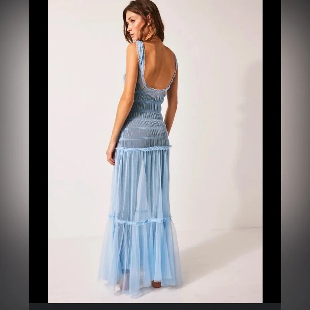 Free people let’s talk tutu slip nwot sheer boho revolve dress gown summer blue - Picture 2 of 4